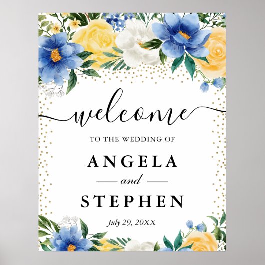 Hochzeitsempfang: Blaue und gelbe Blumen Poster (Vorne)