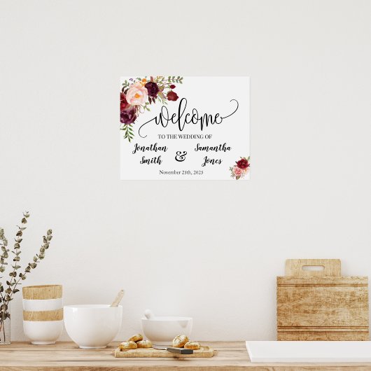 Hochzeitsempfang boho chic marsala floral poster (Küche)