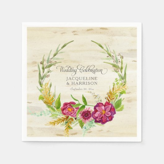 Hochzeitsempfang Burgundy Wreath Rustikales Land Serviette (Vorderseite)