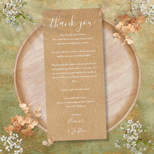 Hochzeitsempfang Danke an die rustikale Platzkarte Menükarte
