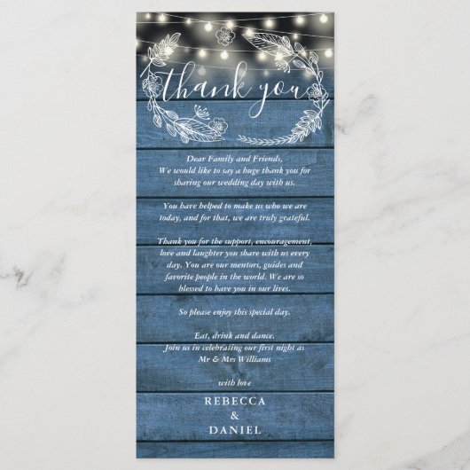 Hochzeitsempfang Dankeschön an die blaue rustikale Menükarte (Vorderseite)