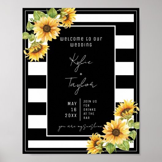 Hochzeitsempfang der Sonnenblume Schwarz und Weiß Poster (Vorne)