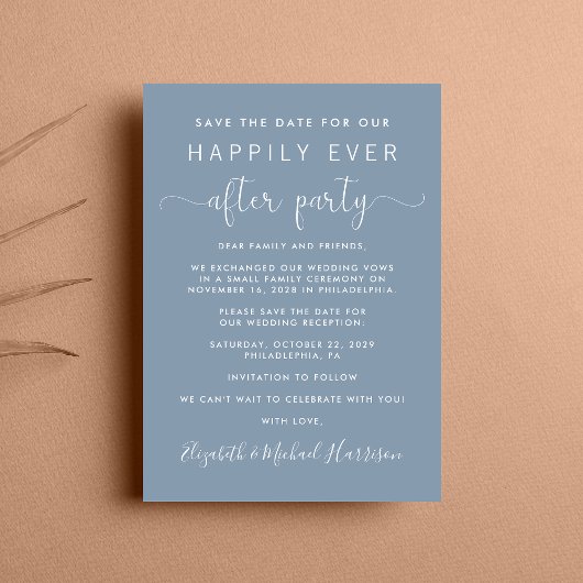 Hochzeitsempfang Dusty Blue Save the Date Ankündigung