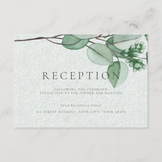 Hochzeitsempfang | Elegant Watercolor Eucalyptus Begleitkarte (Vorderseite)