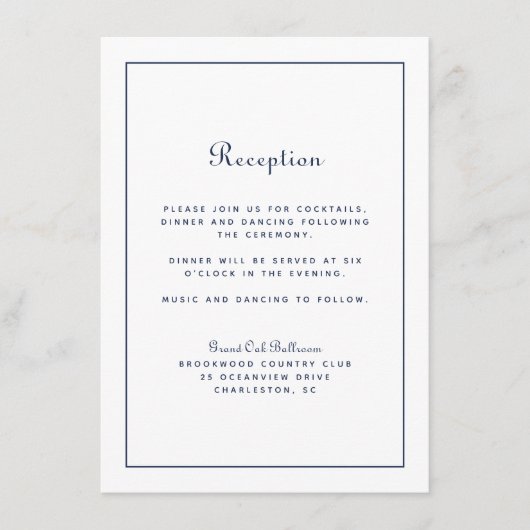 Hochzeitsempfang Elegantes Skript Navy Blue Classi Begleitkarte (Vorderseite)