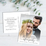 Hochzeitsempfang Foto Save the Date Ankündigungspostkarte<br><div class="desc">Moderne, Save the Date Postkarte für Ihren Postelopement oder kleinen Hochzeitsempfang mit "Save the Date für uns glücklich immer nach dem Party" in einer Mischung aus einfacher Typografie und einem stilvollen Drehbuch mit Schlaglöchern über Ihrem Foto. Fügen Sie Ihren Vornamen, Datum und Ort hinzu. Auf der Rückseite können Sie weitere...</div>