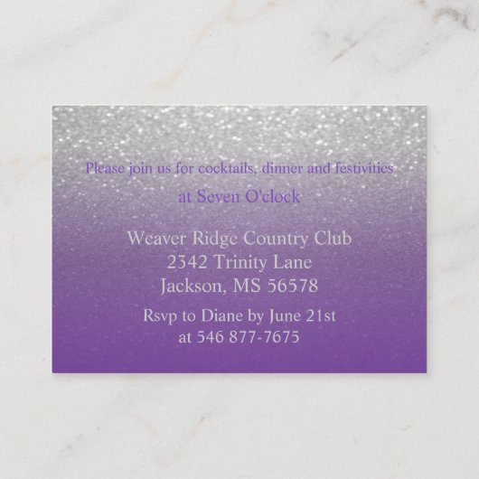 Hochzeitsempfang für lila und Silbernen Glitzer Begleitkarte (Rückseite)
