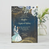 Hochzeitsempfang für Marineblau-Glitzer Einladung (Stehend Vorderseite)