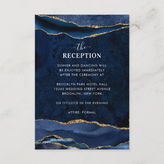 Hochzeitsempfang für Navy Blue Gold Foil Agate Geo Begleitkarte (Vorderseite)