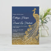 Hochzeitsempfang für Navy Blue & Gold Glitzer Peac Einladung (Stehend Vorderseite)