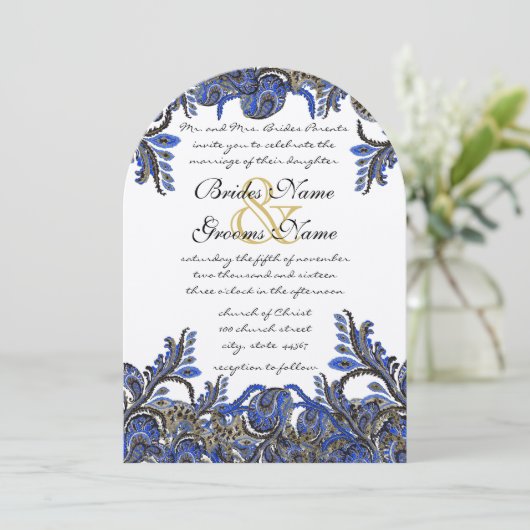 Hochzeitsempfang für Navy Blue & Gold Peacock Pais Einladung (Stehend Vorderseite)