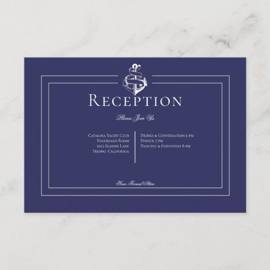 Hochzeitsempfang für Navy Blue Nautical Anchor Begleitkarte (Vorderseite)
