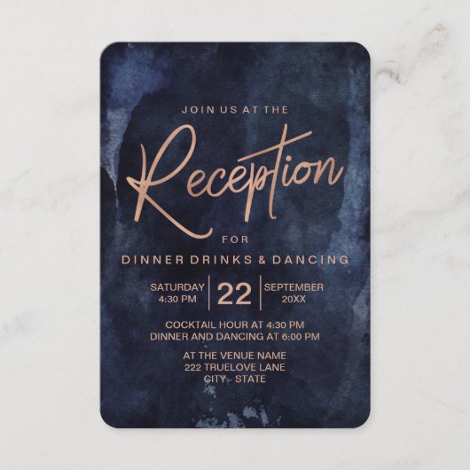 Hochzeitsempfang für Navy Blue & Rose Gold Begleitkarte (Vorderseite)