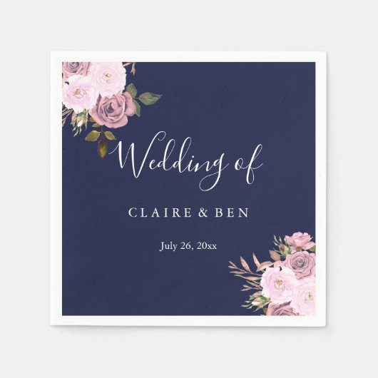 Hochzeitsempfang für Navy Blue & Rose Gold Floral Serviette (Vorderseite)