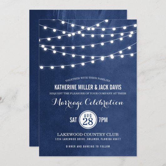Hochzeitsempfang für Navy String Lights Einladung (Vorne/Hinten)