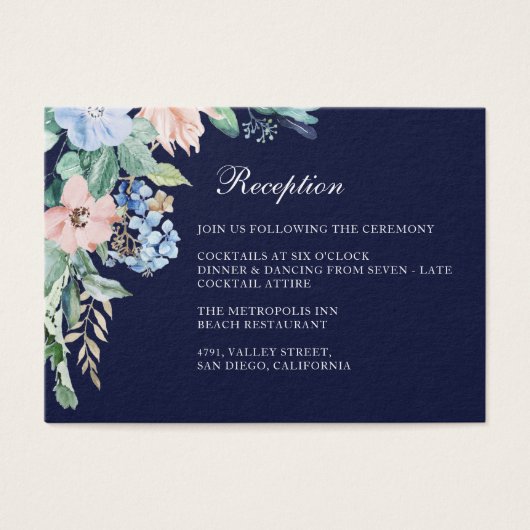 Hochzeitsempfang für Wasserfarbenflorale Navy (Vorderseite)
