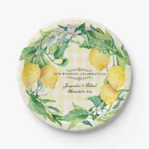 Hochzeitsempfang Gingham Lemon Floral Leaf Wreath Pappteller