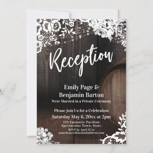 Hochzeitsempfang Holz Barrel Lights Blume Einladung (Vorderseite)