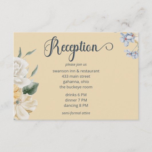 Hochzeitsempfang in Blau-Gelb und Weiß Begleitkarte (Vorderseite)