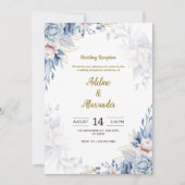 Hochzeitsempfang in Blau und Gold Blume Einladung (Vorderseite)