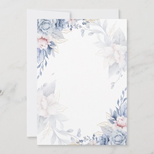 Hochzeitsempfang in Blau und Gold Blume Einladung (Rückseite)