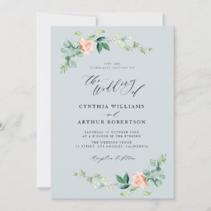Hochzeitsempfang in Blau und Pfirsichblumen Einladung