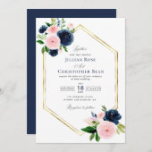 Hochzeitsempfang in Blau und Rosa Einladung (Vorne/Hinten)