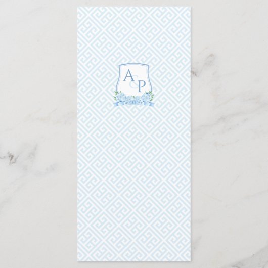 Hochzeitsempfang in Blau und Weiß des Wappen Menükarte (Rückseite)