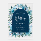 Hochzeitsempfang in blauen Blumen Acrylschild (Vorderseite)
