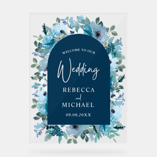 Hochzeitsempfang in blauen Blumen Acrylschild (Vorderseite)