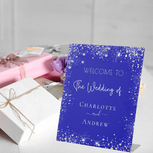 Hochzeitsempfang in Königsblau-Silber-Glitzer Sockelschild
