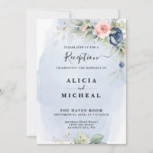 Hochzeitsempfang in Navy Blue & Blush Pink Blume Einladung (Vorderseite)