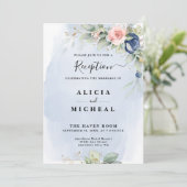 Hochzeitsempfang in Navy Blue & Blush Pink Blume Einladung (Stehend Vorderseite)