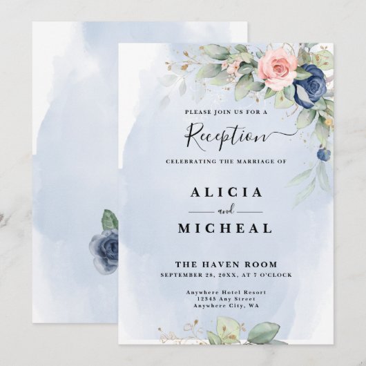 Hochzeitsempfang in Navy Blue & Blush Pink Blume Einladung (Vorne/Hinten)