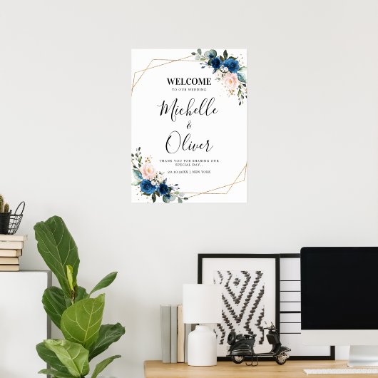 Hochzeitsempfang in Navy Blue Blush Pink Florals Poster (Heimbüro)