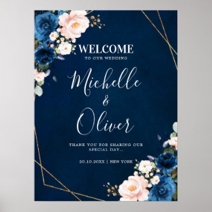 Hochzeitsempfang in Navy Blue Blush Pink Florals Poster