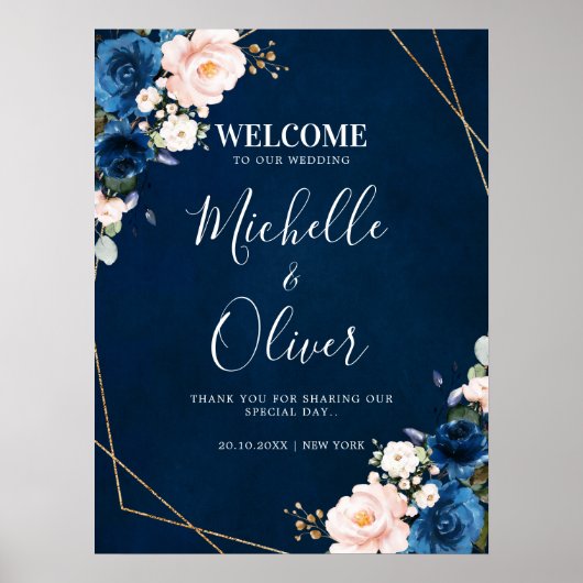 Hochzeitsempfang in Navy Blue Blush Pink Florals Poster (Vorne)