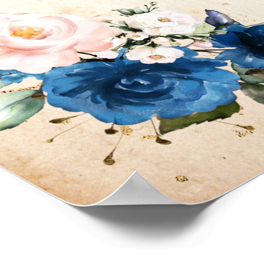 Hochzeitsempfang in Navy Blue Blush Pink Florals Poster (Ecke)