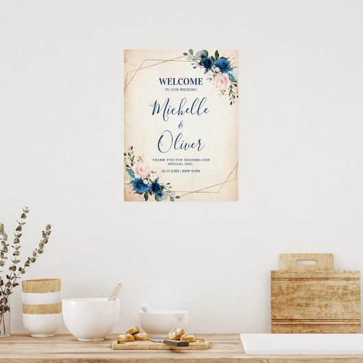 Hochzeitsempfang in Navy Blue Blush Pink Florals Poster (Küche)