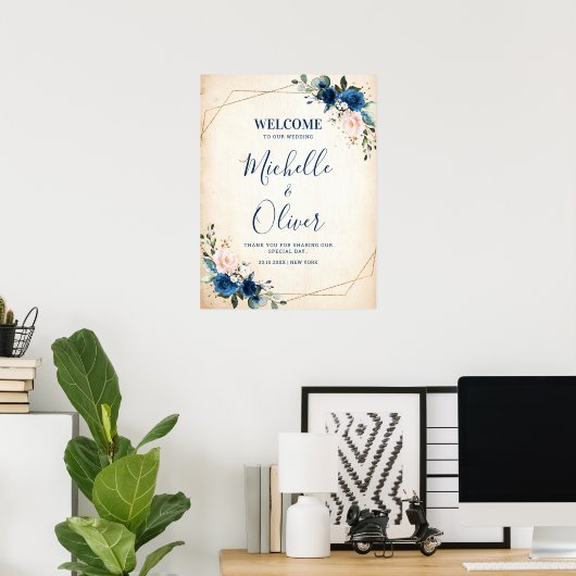 Hochzeitsempfang in Navy Blue Blush Pink Florals Poster (Heimbüro)