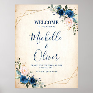 Hochzeitsempfang in Navy Blue Blush Pink Florals Poster