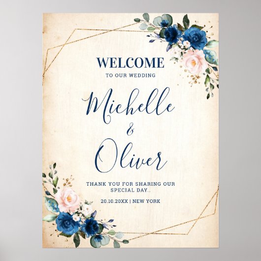 Hochzeitsempfang in Navy Blue Blush Pink Florals Poster (Vorne)
