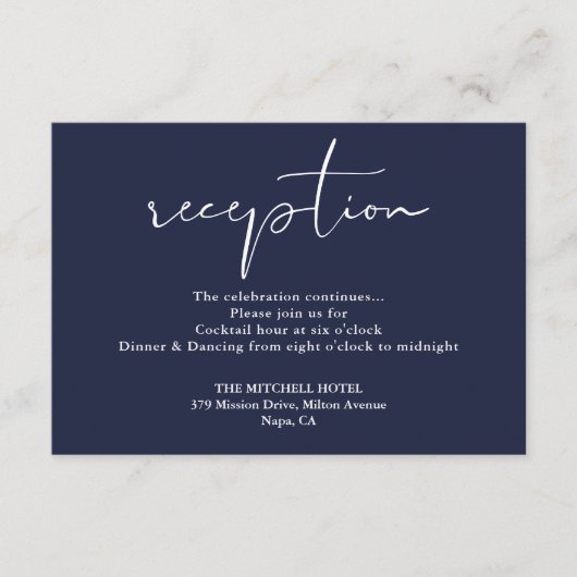 Hochzeitsempfang in Navy Blue Elegant Begleitkarte (Vorderseite)