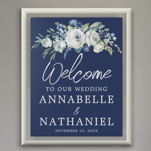 Hochzeitsempfang in Navy Blue Floral Moderne Winte Poster