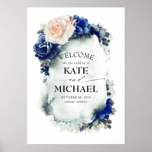 Hochzeitsempfang in Navy Blue und Peach Floral Vin Poster