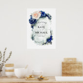 Hochzeitsempfang in Navy Blue und Peach Floral Vin Poster (Küche)