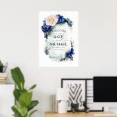 Hochzeitsempfang in Navy Blue und Peach Floral Vin Poster (Heimbüro)