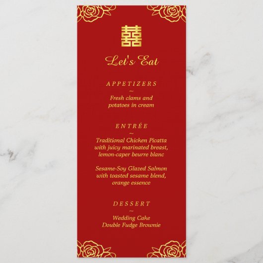 Hochzeitsempfang in Rot-Gold der Rose Menükarte (Vorderseite)