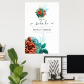 Hochzeitsempfang in Türkis und Korallenflora Poster (Heimbüro)
