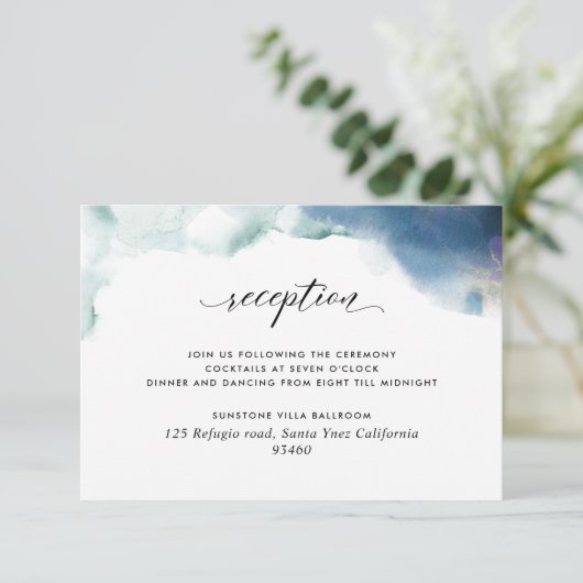 Hochzeitsempfang lila, Aquamarin und blau Begleitkarte (Stehend Vorderseite)